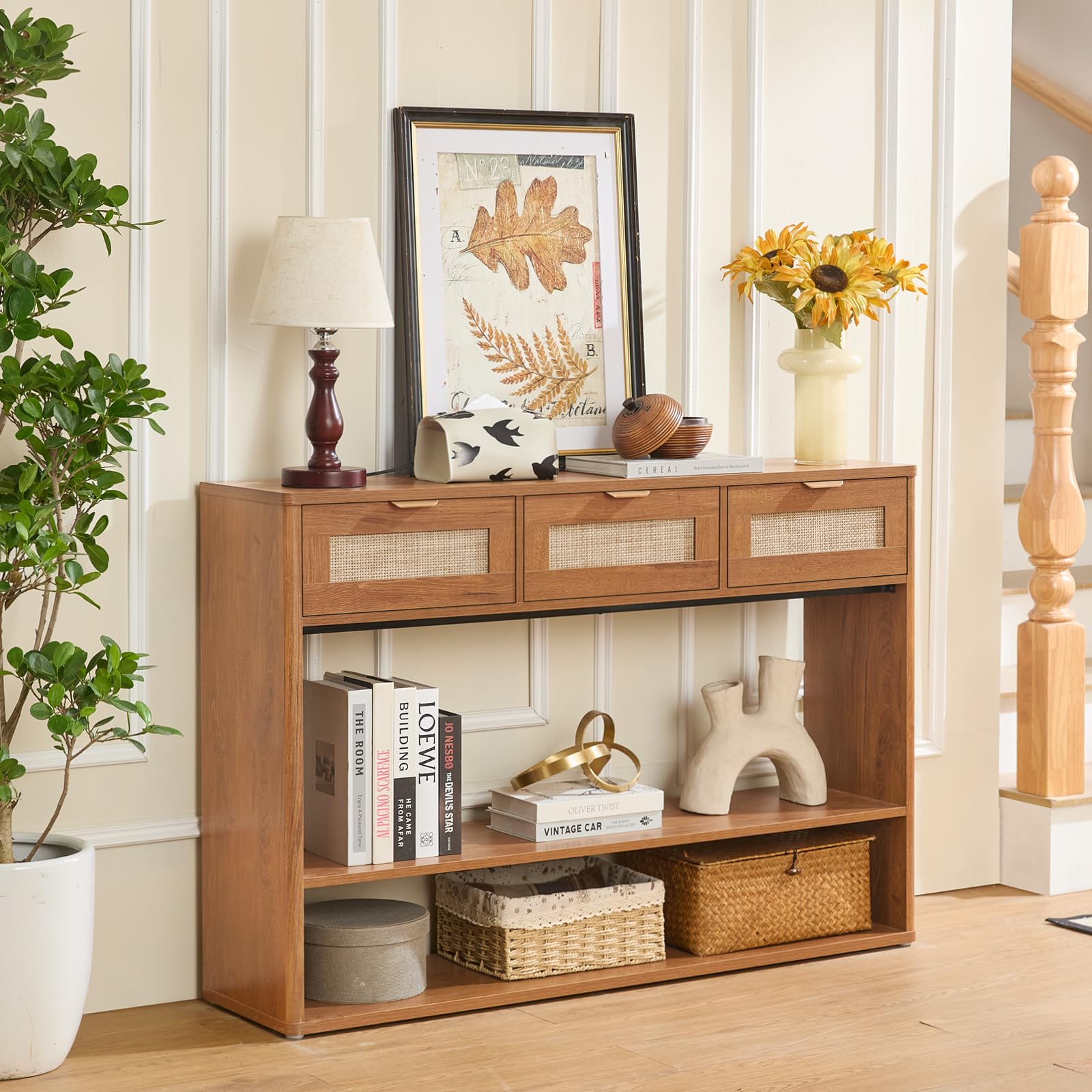 48" Boho Rattan Console Table with 3 Drawers