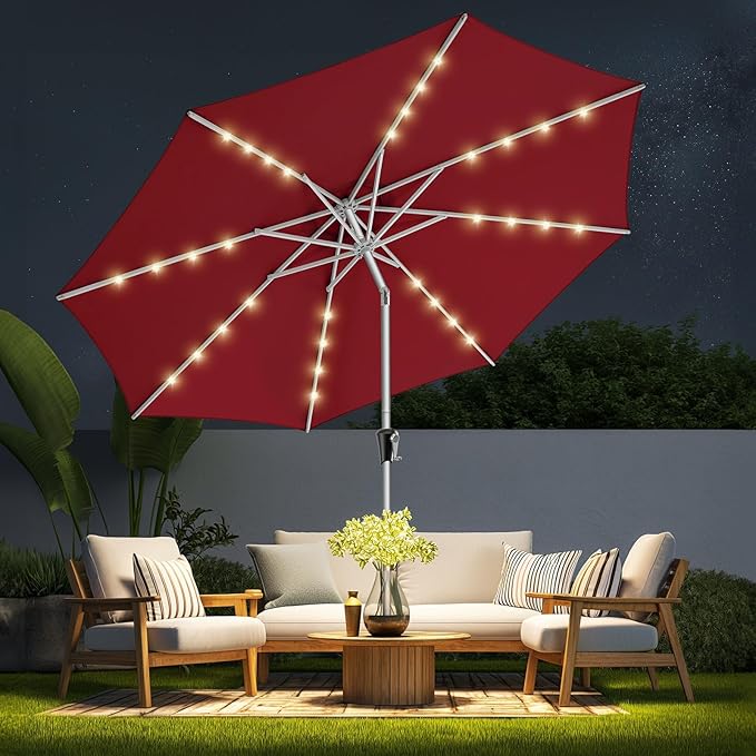 9ft Solar Patio Umbrella - Solar Lights LED Lighted Outdoor Aluminum