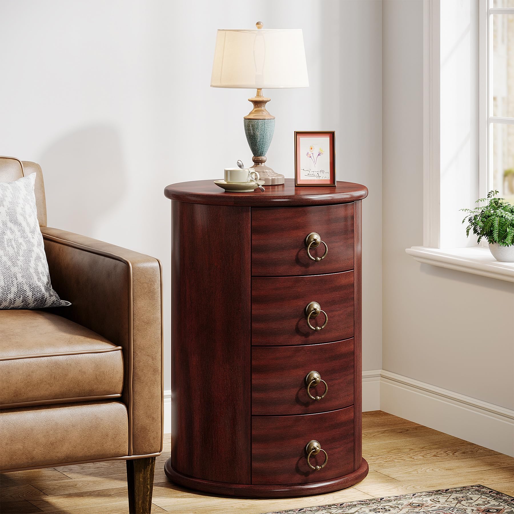Solid Wood End Table, Round Side Table with 4 Drawers, Vintage Bedside Table