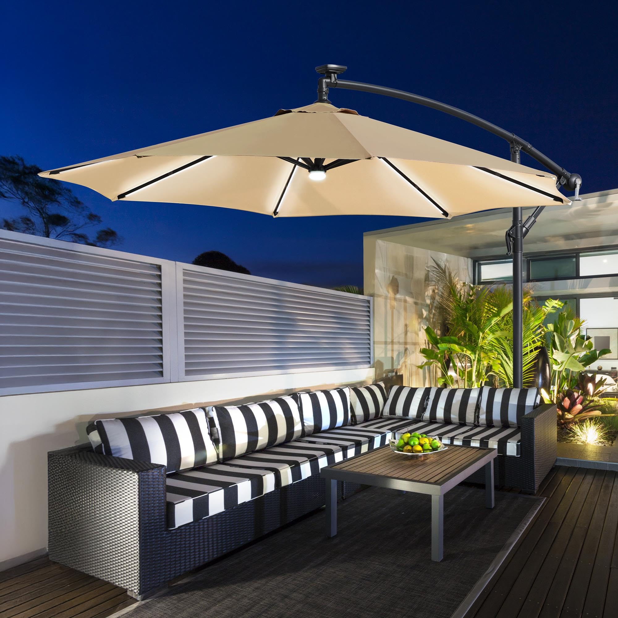10 FT Solar Powered LED Patio Umbrella Outdoor Cantilever Umbrella, UV Protection