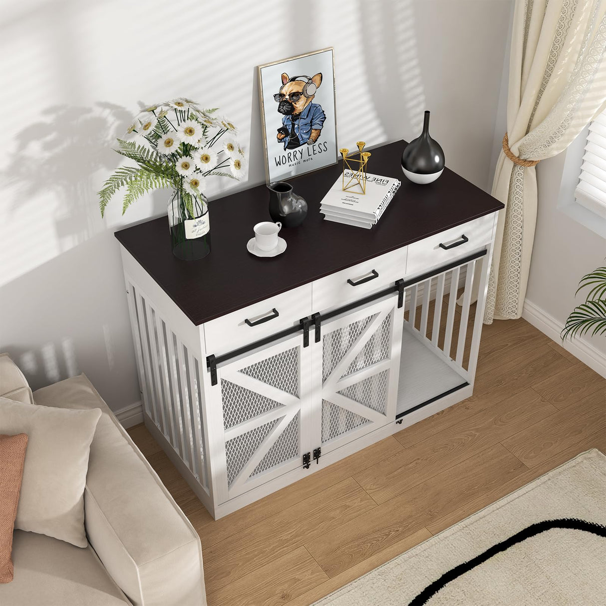 Farmhouse Dog Crate Furniture with Storage Drawers - Large Wooden Kennel & TV Stand