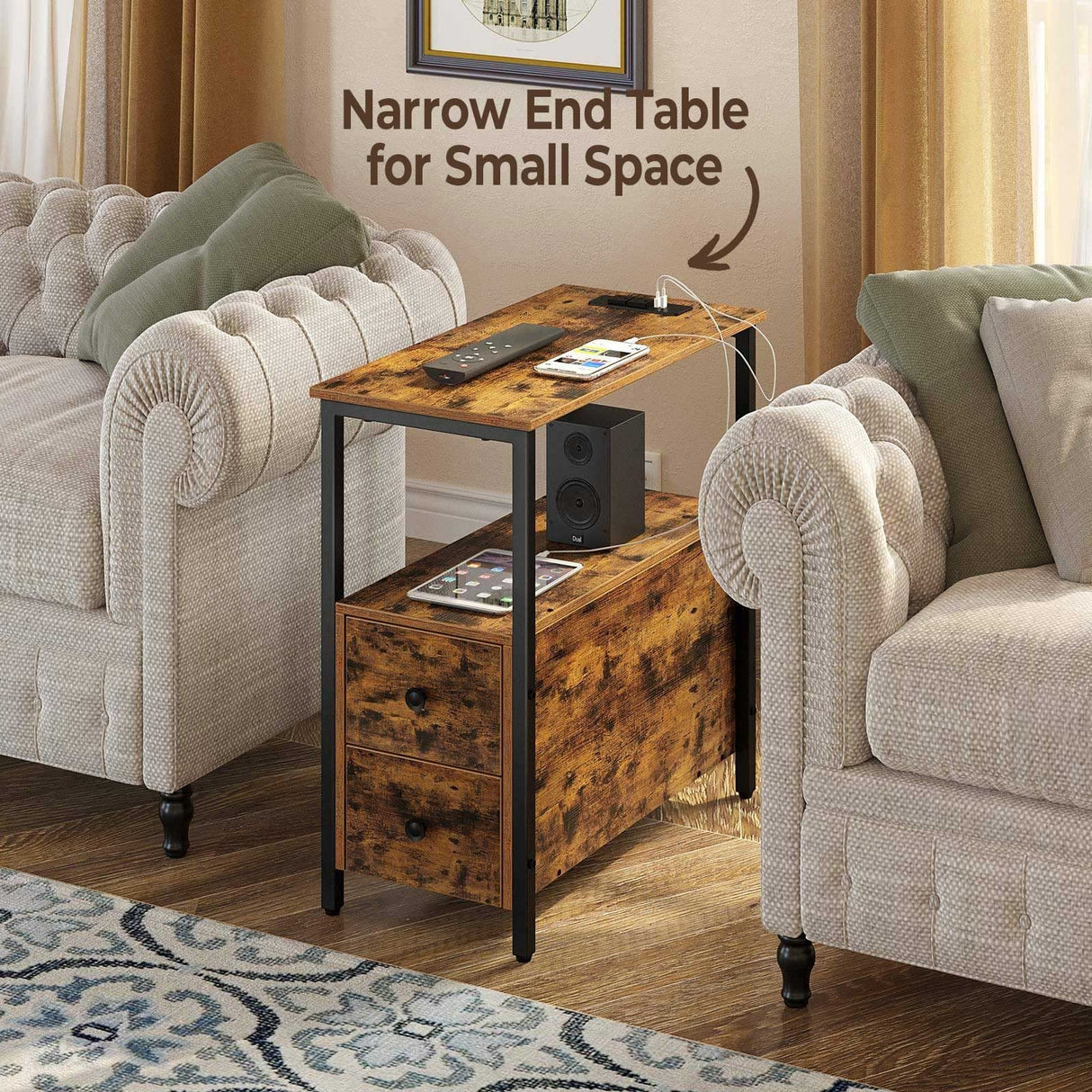 End Table with Charging Station, Narrow Side Table with 2 Wooden Drawers