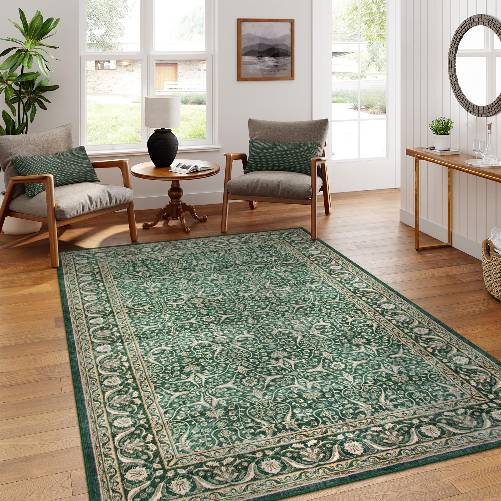 Green 5x7 Washable Area Rug Christmas Rug, Low Pile Vintage Rug for Bedroom