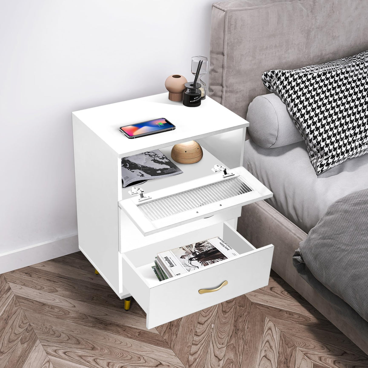 White Nightstand Set of 2 Wood 3 Drawer Bedside Table with Glass Door