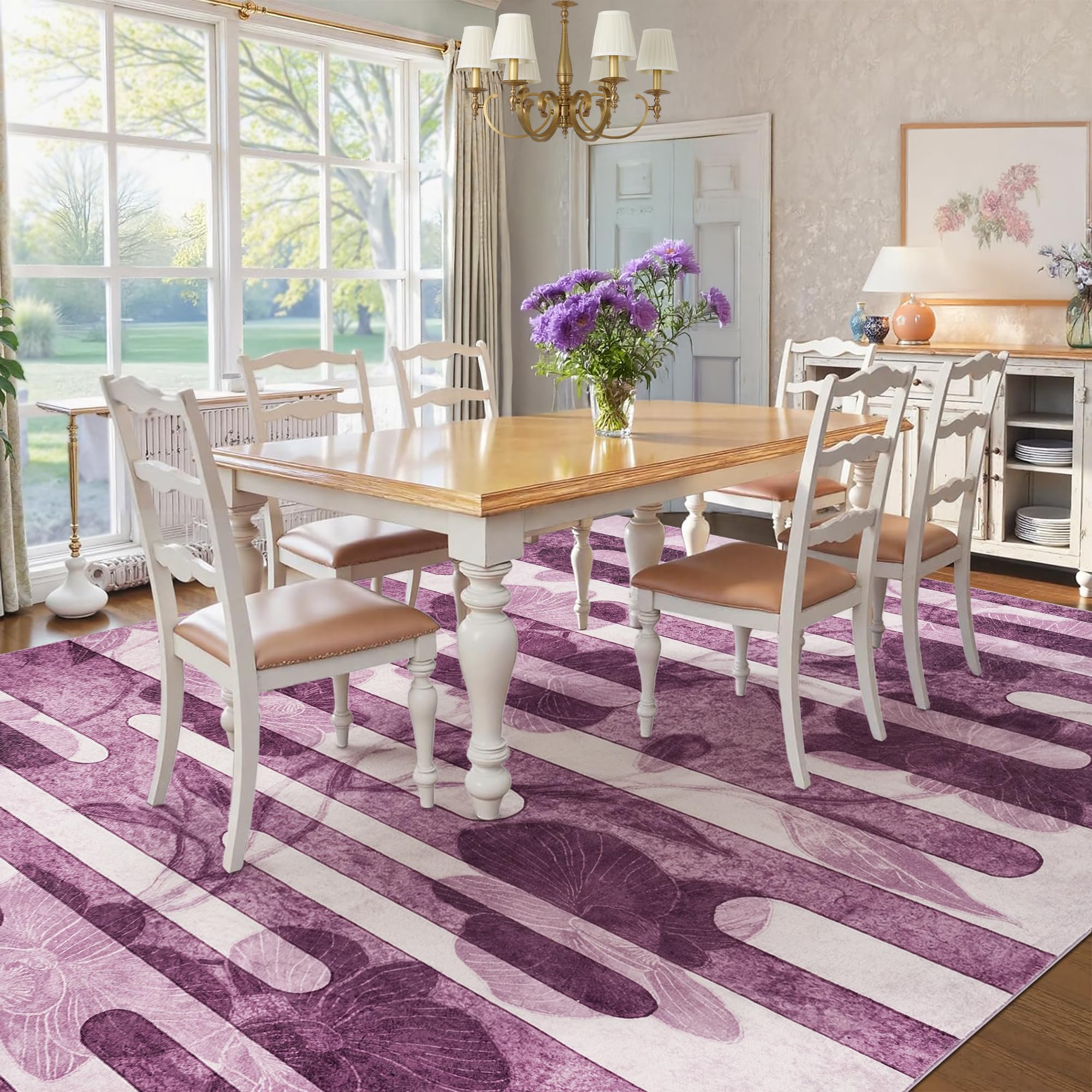 Zhangui 10x14 Purple Floral Rugs for Living Room - 10x14 Area Rug with Non Slip Backing, Dining Room Rugs for Under Table, Machine Washable Striped Rug for Bedroom