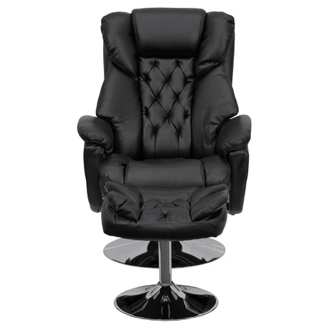 Wills Transitional Multi-Position Recliner and Ottoman with Chrome Base in Black Leather