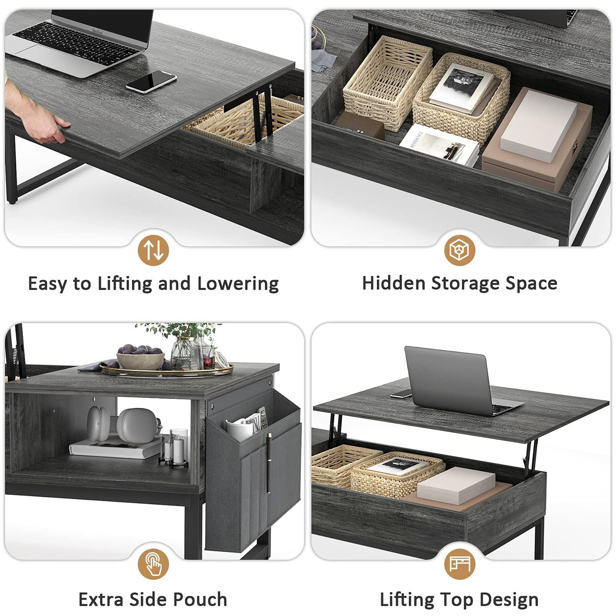 Lift Top Coffee Table with Storage, Wood Lifting Top Central Table Metal Frame