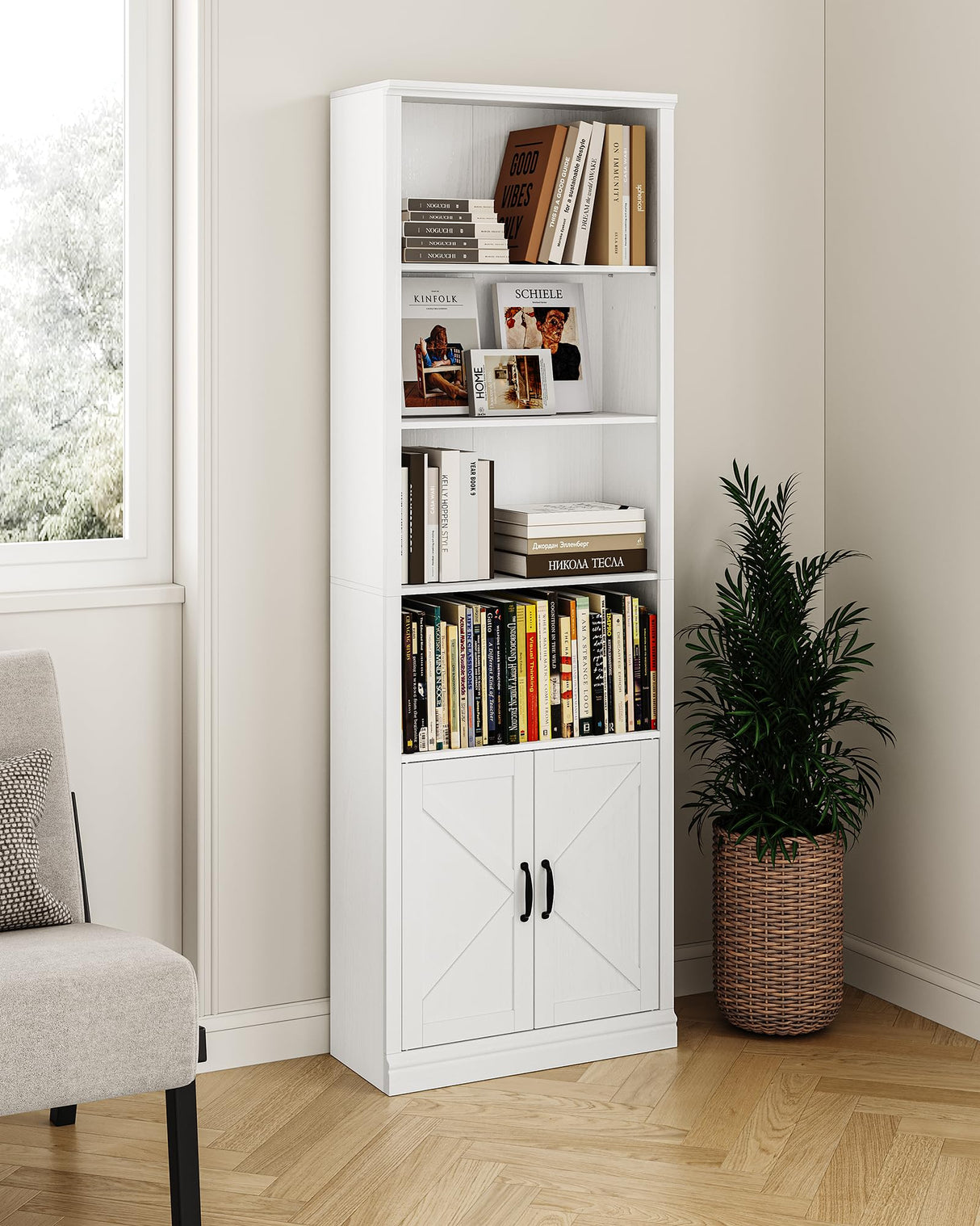 5 Tier Bookshelf Bookcase with Cabinet Doors, 70 in Tall Wooden Bookshelves