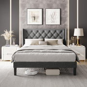 Full Size Bed Frame with Headboard, Linen Upholstered Bed Frame with Solid Wooden Slats Support,