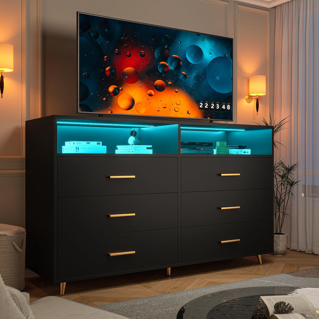 Black Dresser with LED Lights, Wood Dresser for Bedroom with Wide Large Drawers