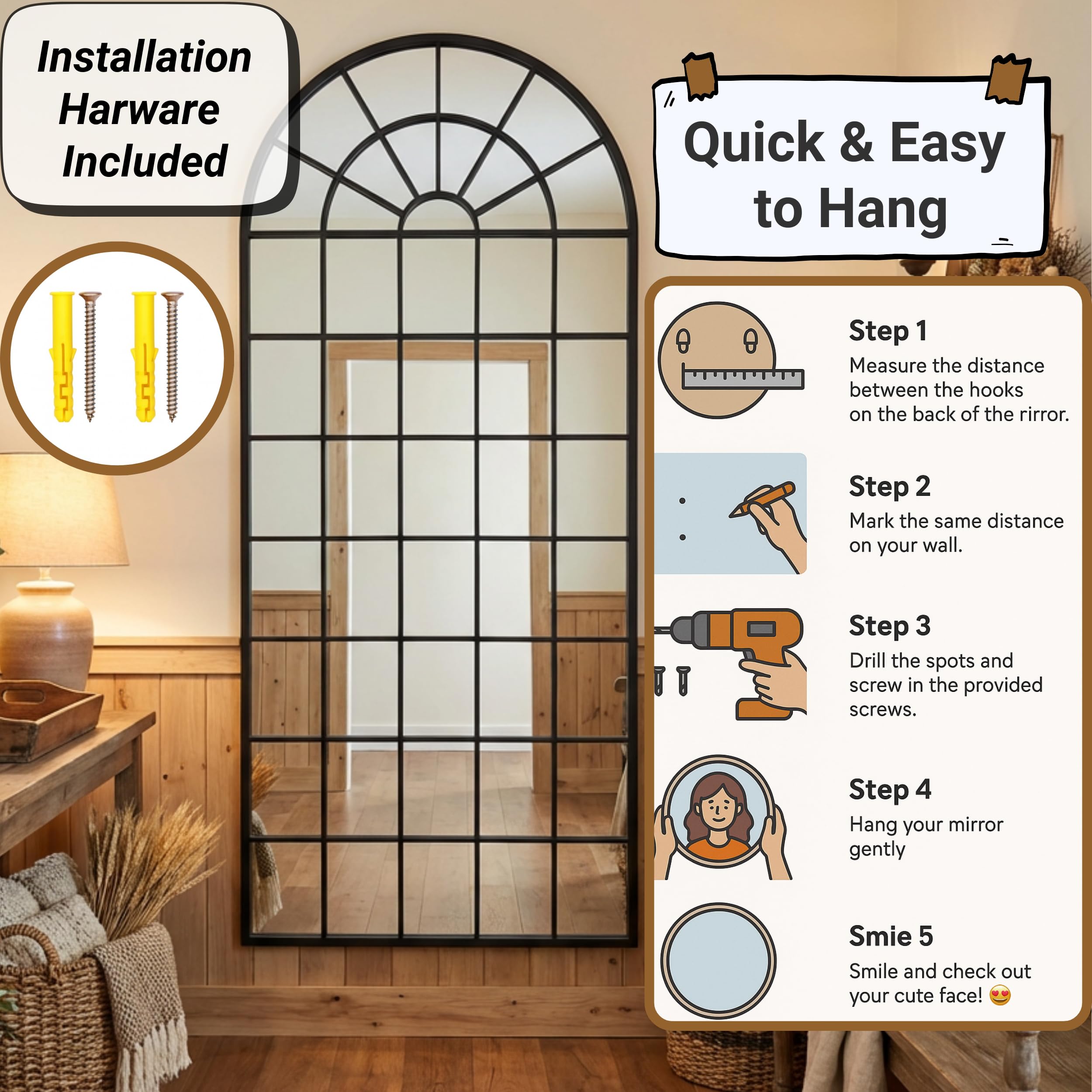 Large Arched Window Pane Mirror - 70x30 Inch Full Length Wall & Floor Mirror