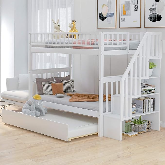 Twin Over Twin Bunk Bed with Stairs and Trundle, Solid Wood Stairway Bunk Bed Frame