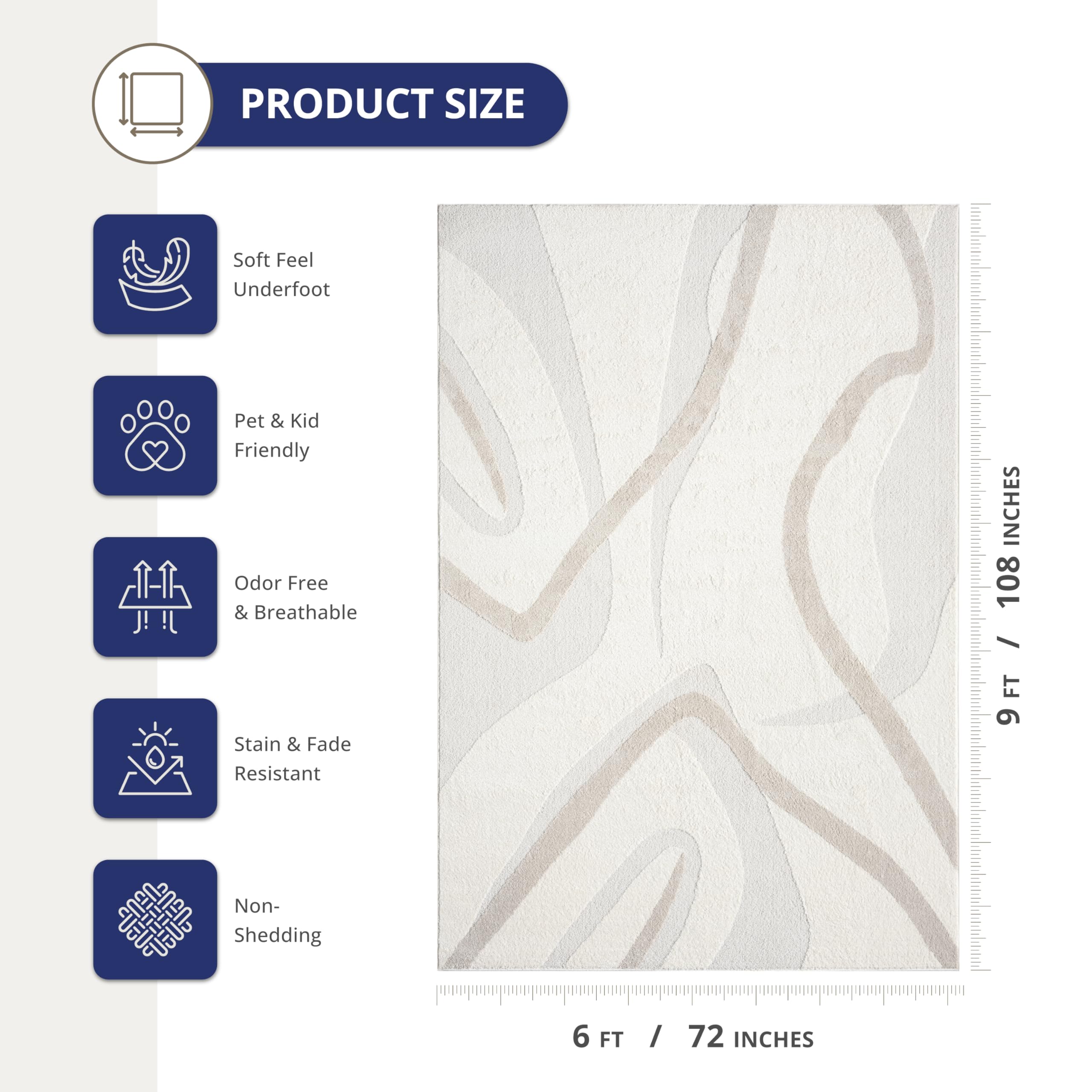 Abani Nomad Cream & Beige Area Rug 6' x 9' for Living Room, Bedroom - Chic Abstract Pattern - Durable & Easy to Clean