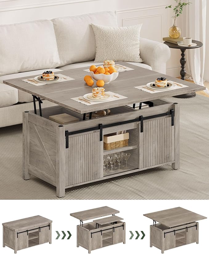 39.4" Lift Top Coffee Table, 4 in 1 Coffee Table, Farmhouse Convertible Coffee Tables