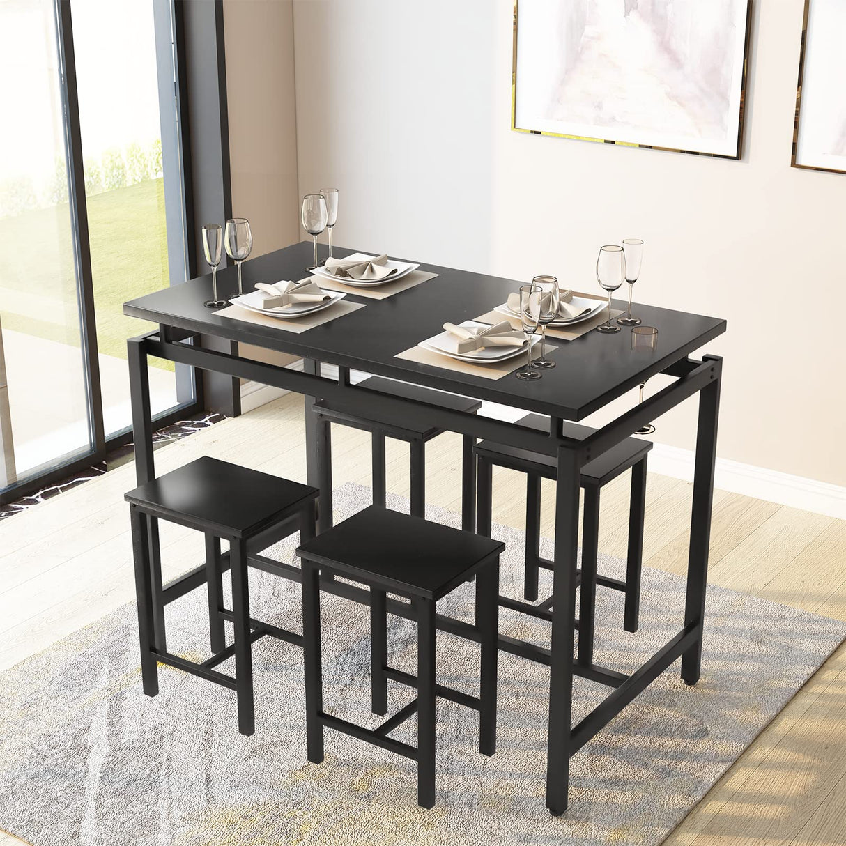 5 Pieces Dining Table Set for 4,Black Bar Table Set with 4 Bar Stools Counter Height Bar