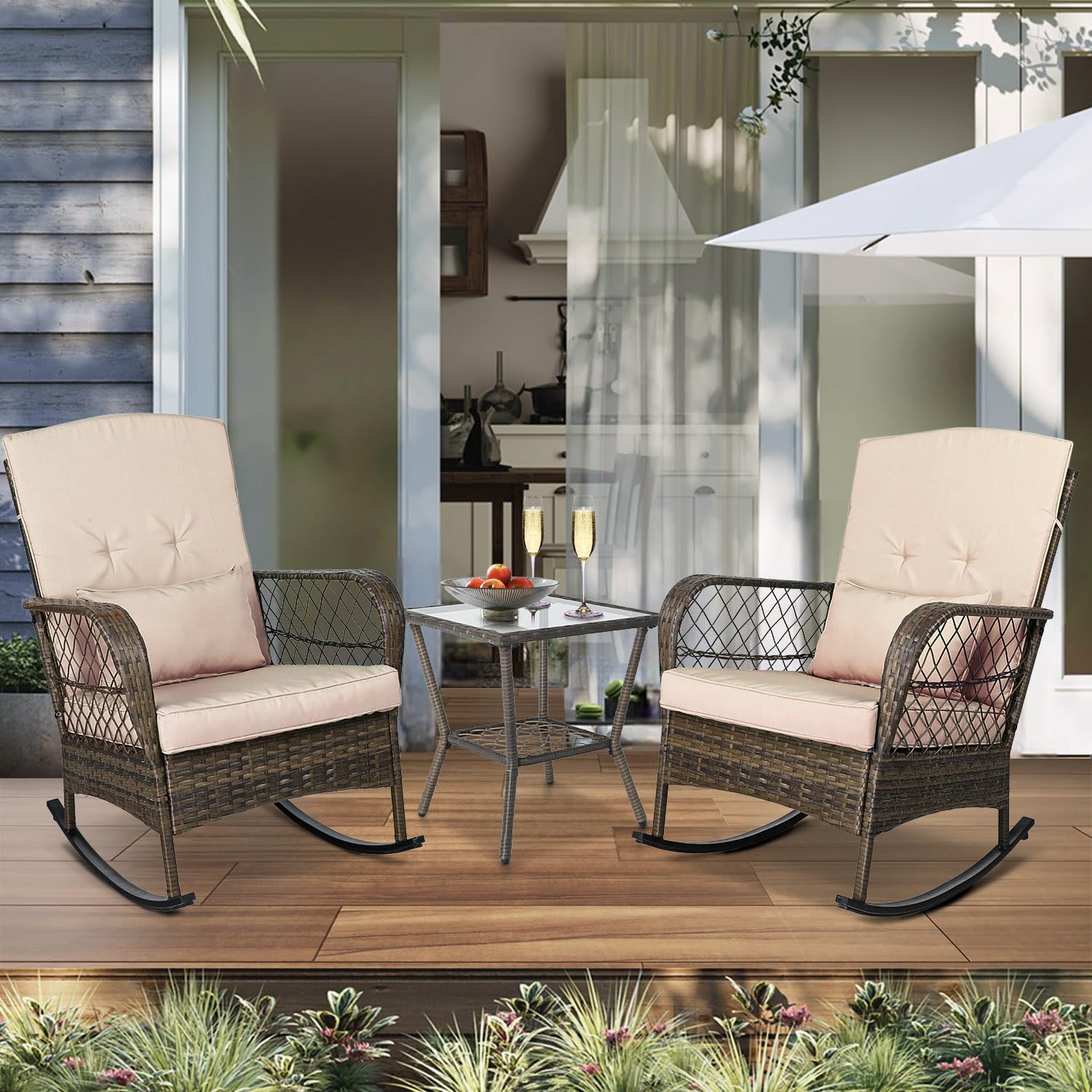 3 Pieces Patio Conversation Set w/ 2 Rattan Wicker Rocking Chairs and Glass Table