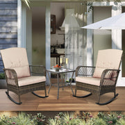 3 Pieces Patio Conversation Set w/ 2 Rattan Wicker Rocking Chairs and Glass Table