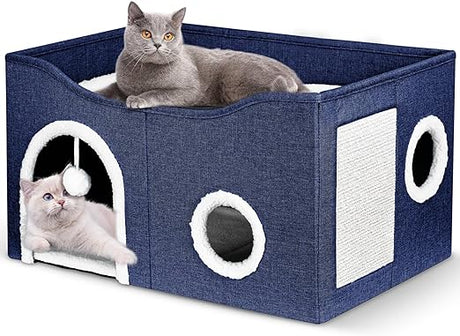 Cat House for Indoor Cats - Large Cat Bed Cave with Fluffy Ball and Scratch Pad