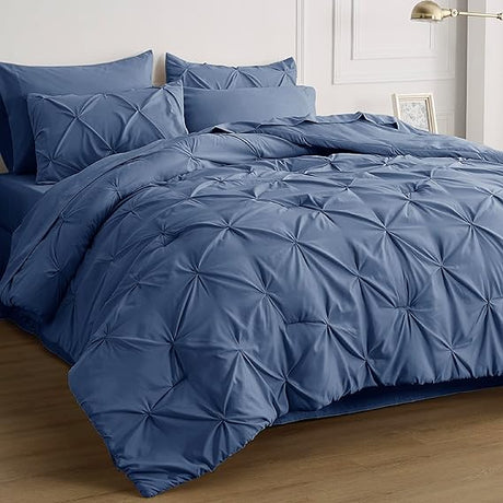 Bed in a Bag Queen 7 Pieces, Pintuck Bedding Sets Navy Blue