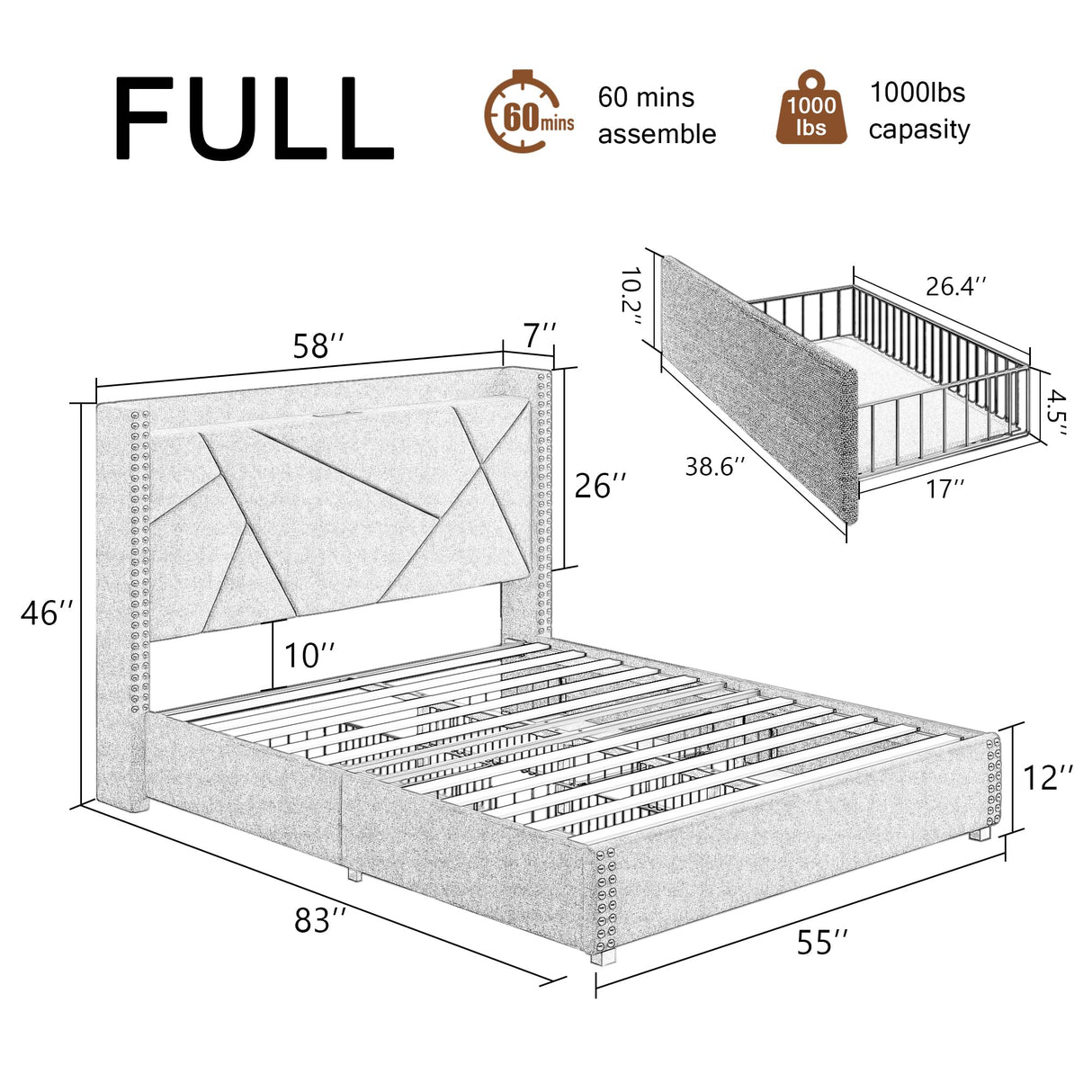 Upholstered Full Size Bed Frame with 4 Storage Drawers, Platform Bed Frame with Charging Station,