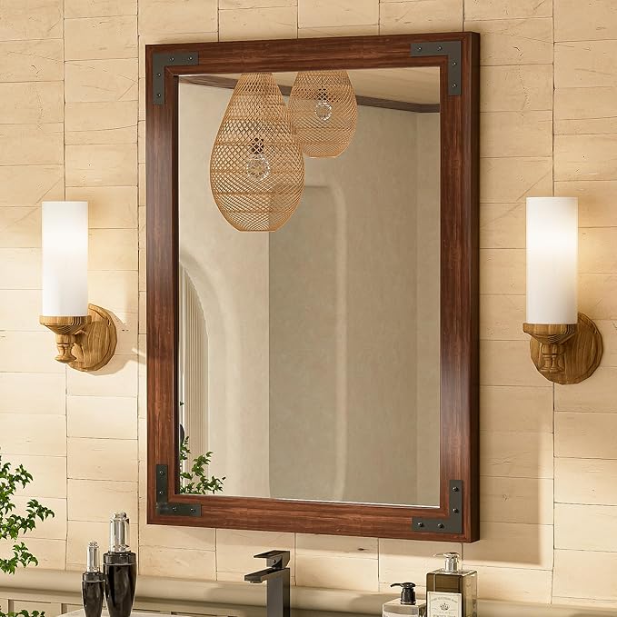 Brown Wood Framed Wall Mirror for Bathroom
