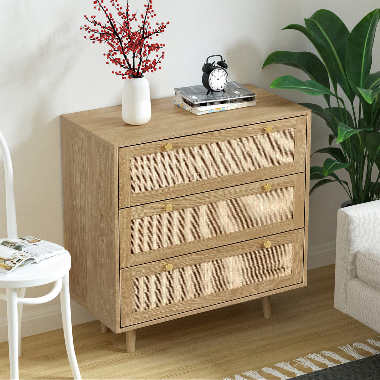 3 Drawer Dresser for Bedroom, Rattan Dresser Modern Wood Chest of Drawers