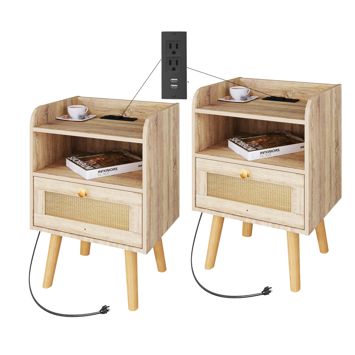 Nightstand Set of 2，Wood Nightstand with Charging Station，Bed Side Table with Rattan