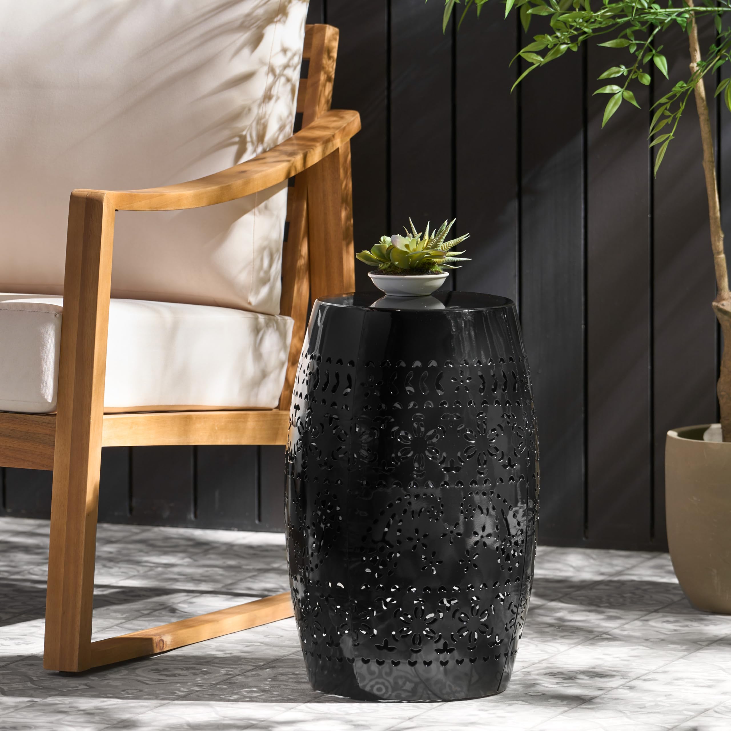 Black Round Drum Accent Table, Iron Metal Patio Side Table, 12.25" x 12.25" x 18"