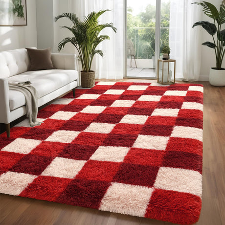 Luxury Fluffy Plaid Rugs for Bedroom Living Room, 4x6 Feet Burgundy Checkerboard Area Rug,