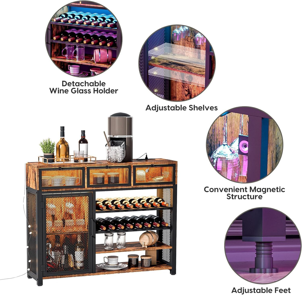 Bar Cabinet with RGB LED Lights,Wine Bar Cabinet with 3 Drawers, Home Bar Cabinet