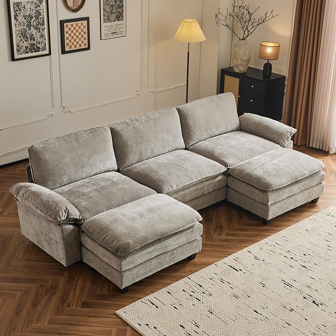 Sectional Sofa Modular Deep Seat Sofa Couch with Ottoman, Chenille Sofa