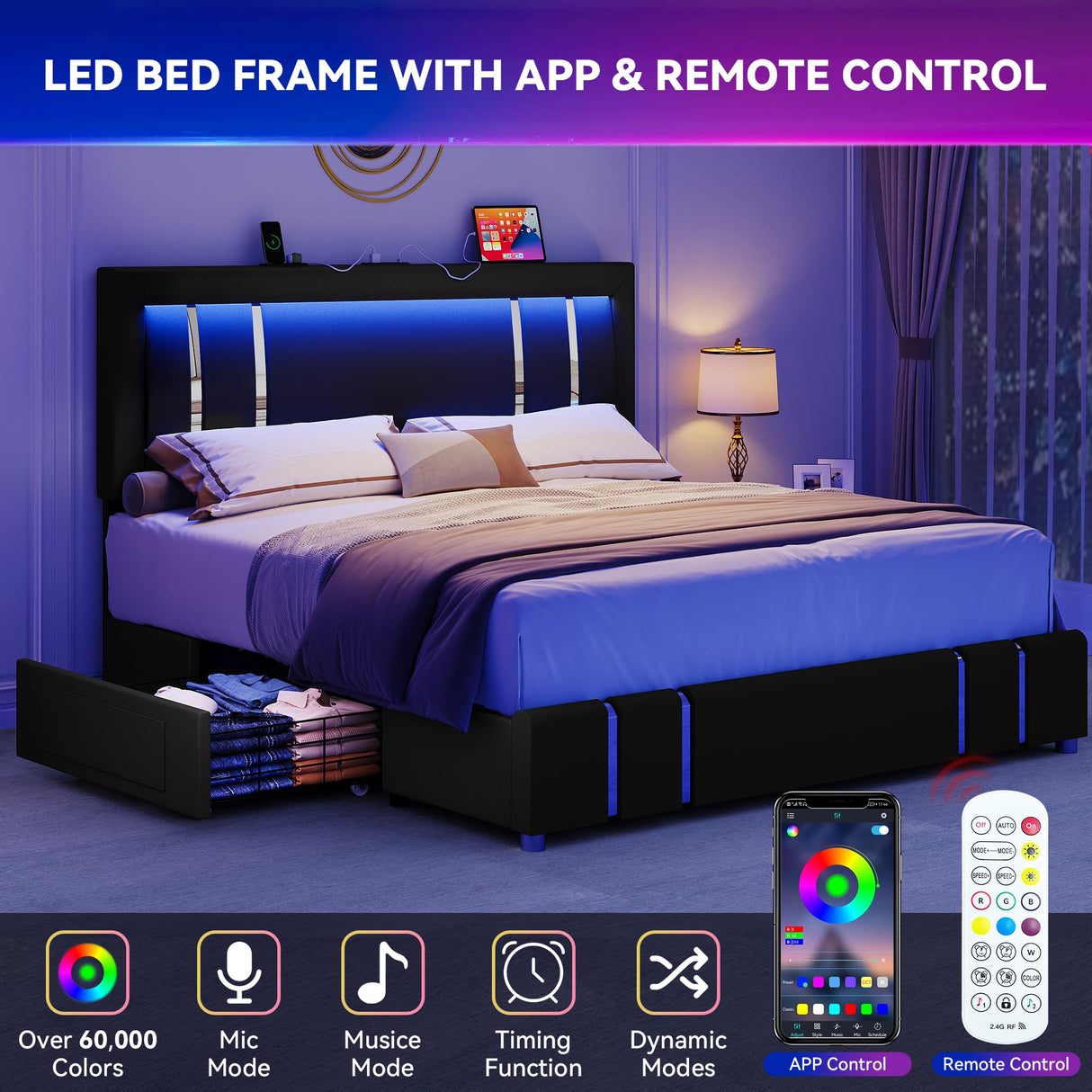 Queen Bed Frame with Adjustable Headboard, Upholstered Platform Bed with RGB LED