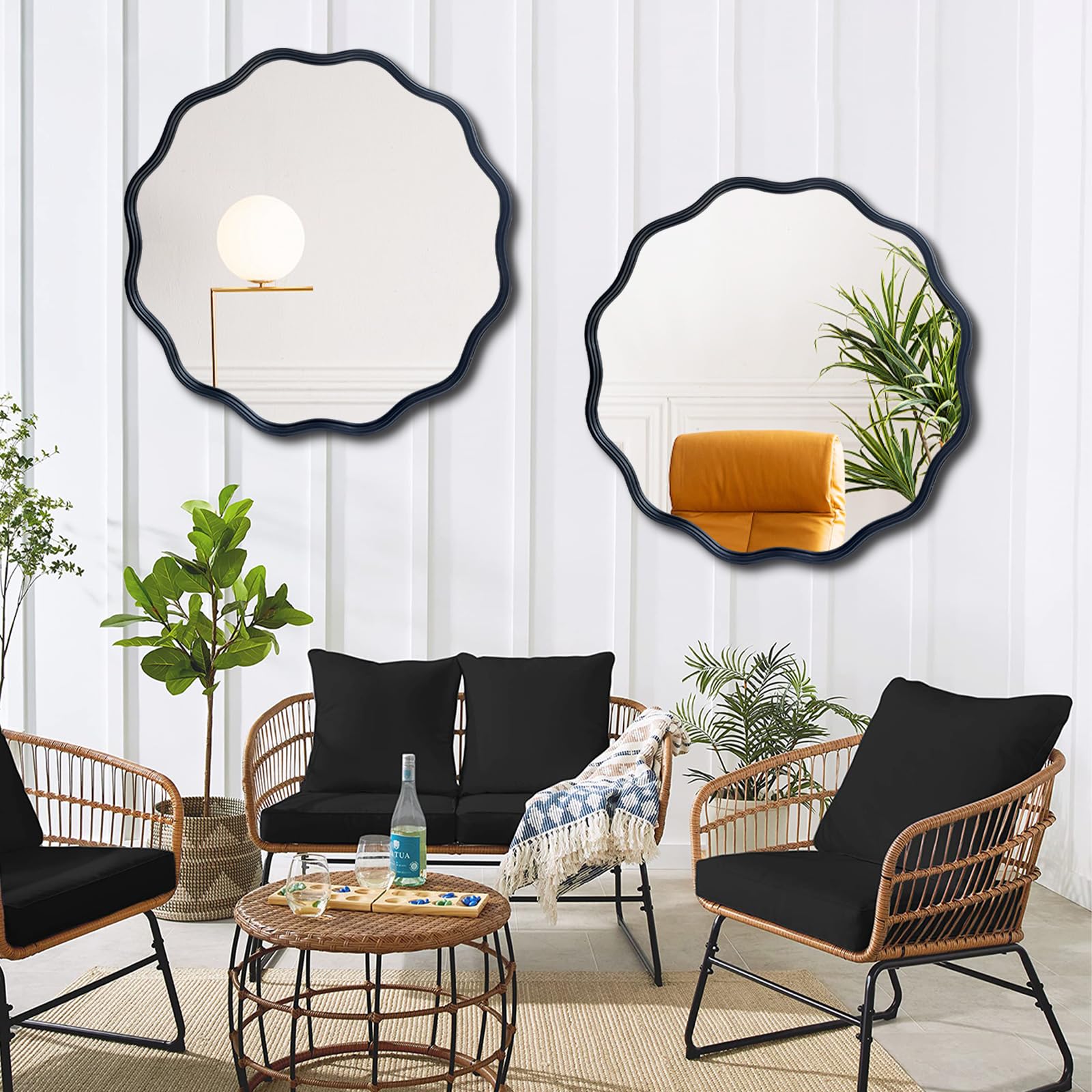Black Round Mirror, 30" Bathroom Wavy Mirror, Wall Mounted Mirror