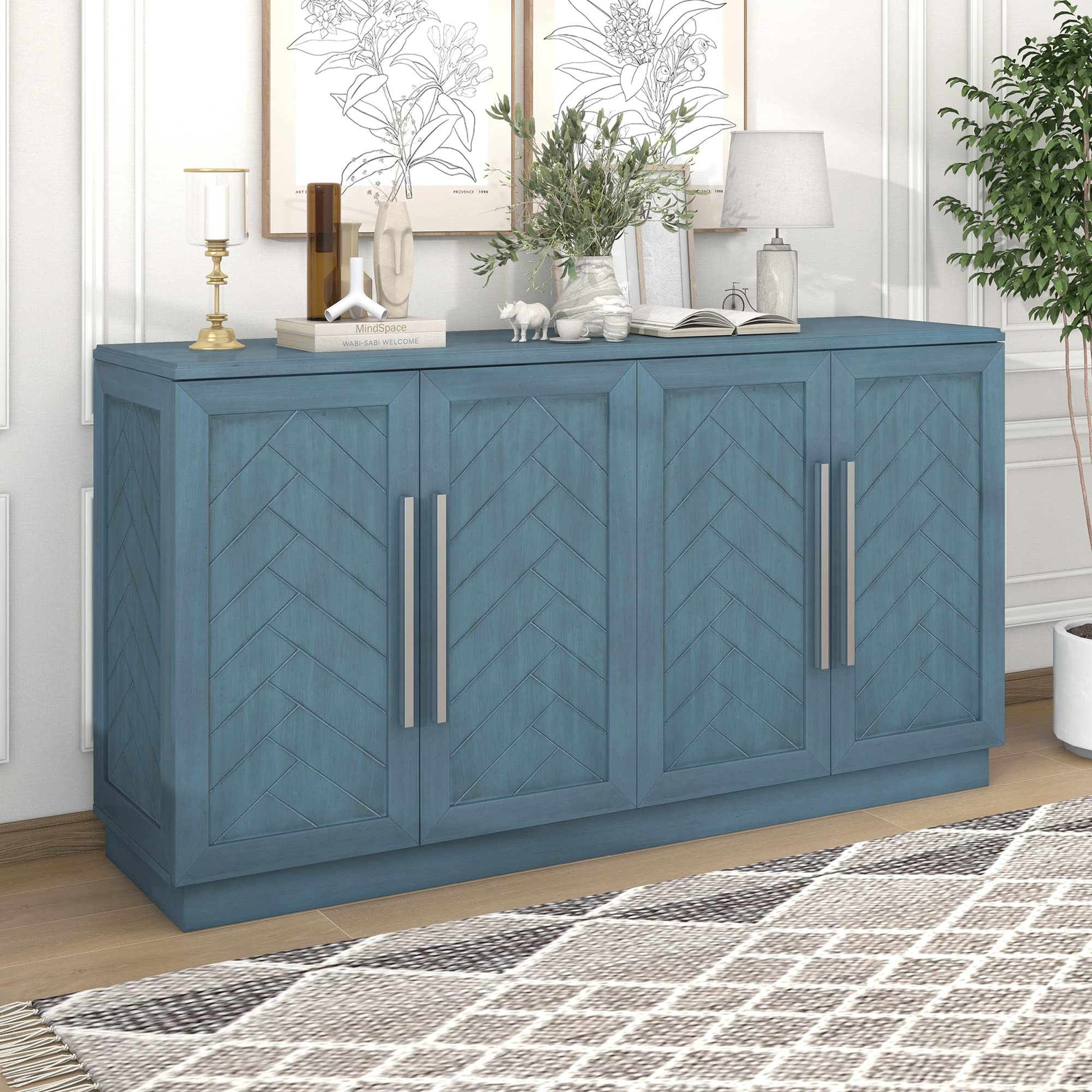 Storage Sidboard Cabinet with 4 Doors, Adjustable Shelves and Silver Handles