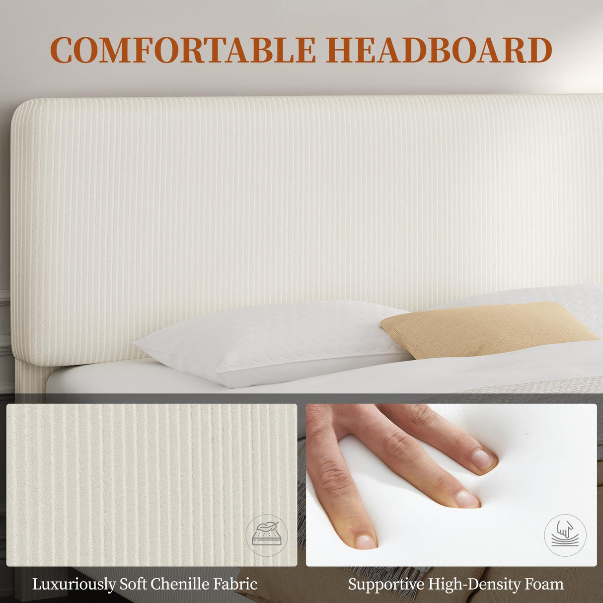 Queen Bed Frame with Adjustable Chenille Upholstered Headboard