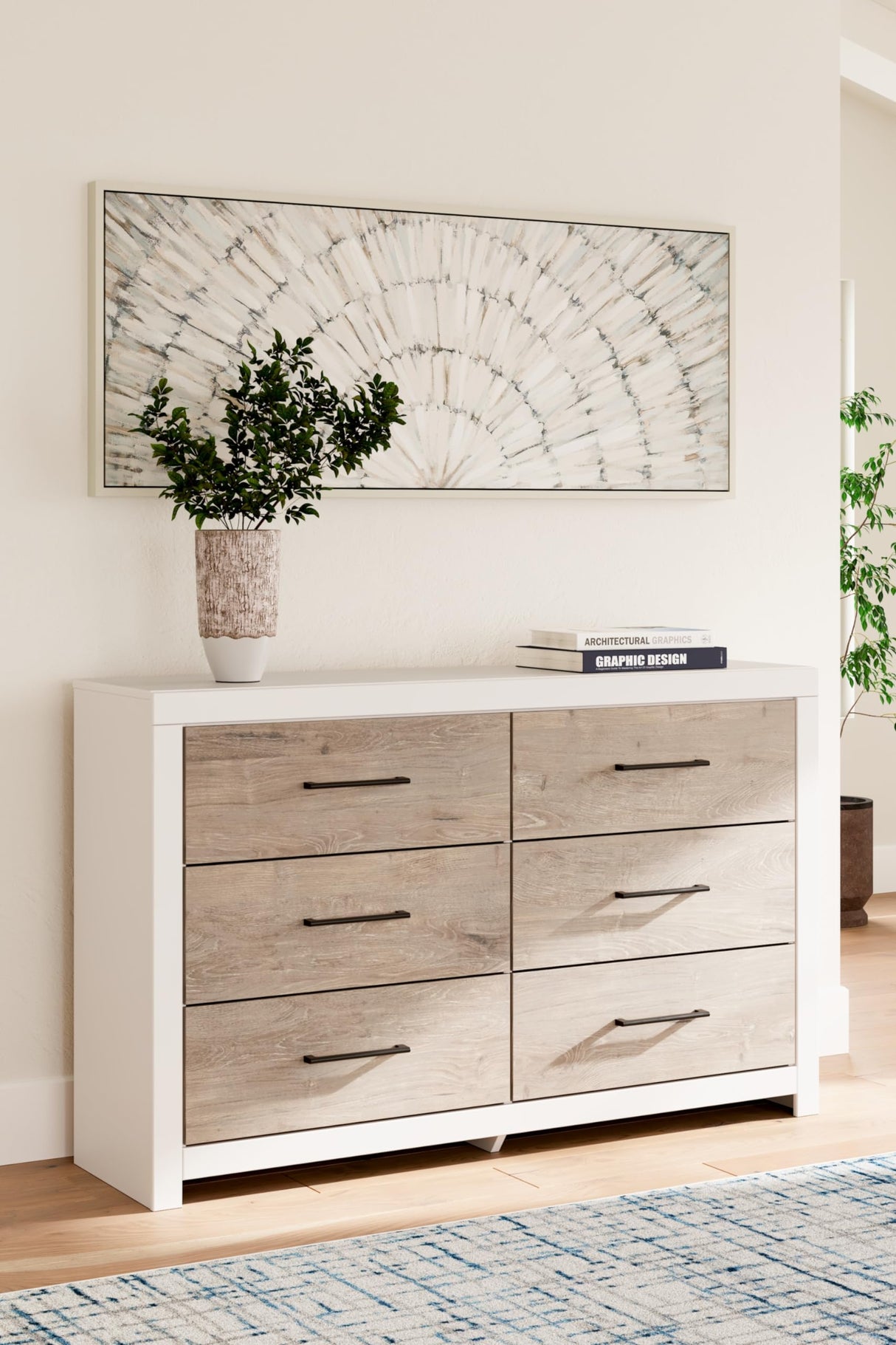 Design by Ashley Charbitt Contemporary 6 Drawer Dresser with Safety Stop for Bedroom, White & Light Brown