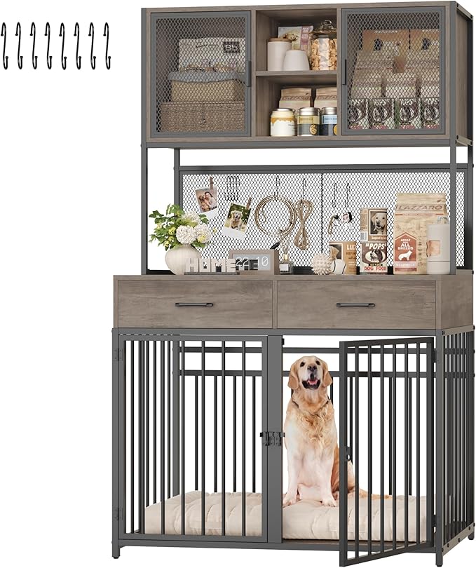 71" Tall Dog Crate Furniture with Storage Hutch - Rustic Brown