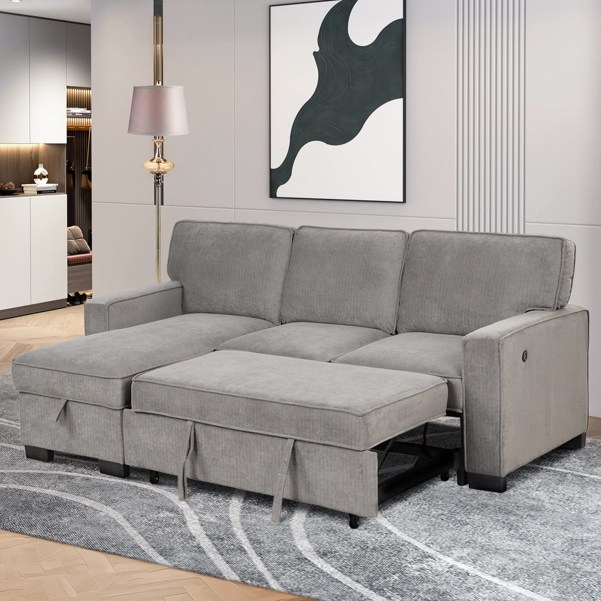 Convertible Sleeper Sofa 3 in 1, L Shaped Sleeper Sofa with Storage Chaise