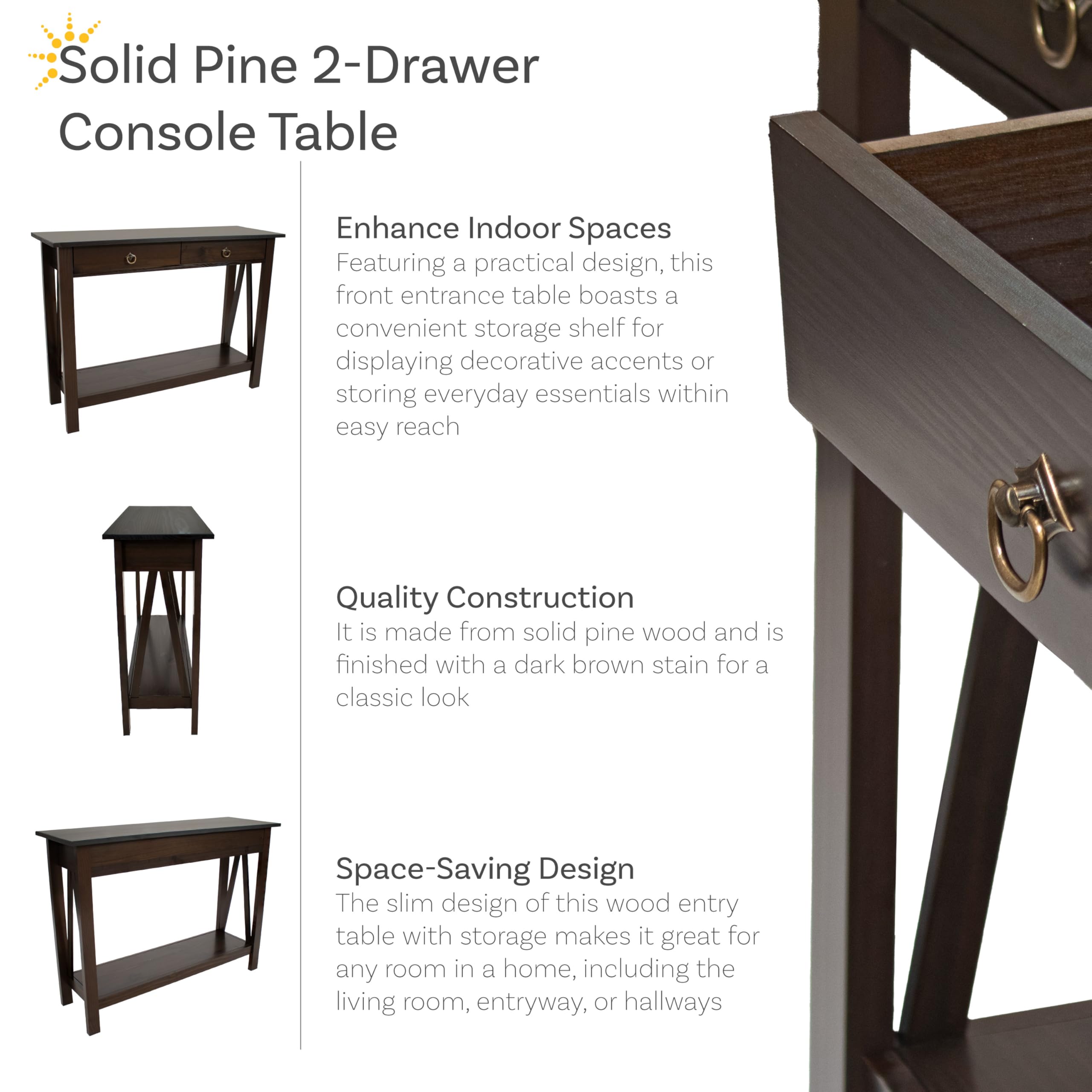 Sunnydaze Console Table for Entryway with Drawers - 31" H Solid Pine Sofa Table with Shelf for Living Room - Dark Brown
