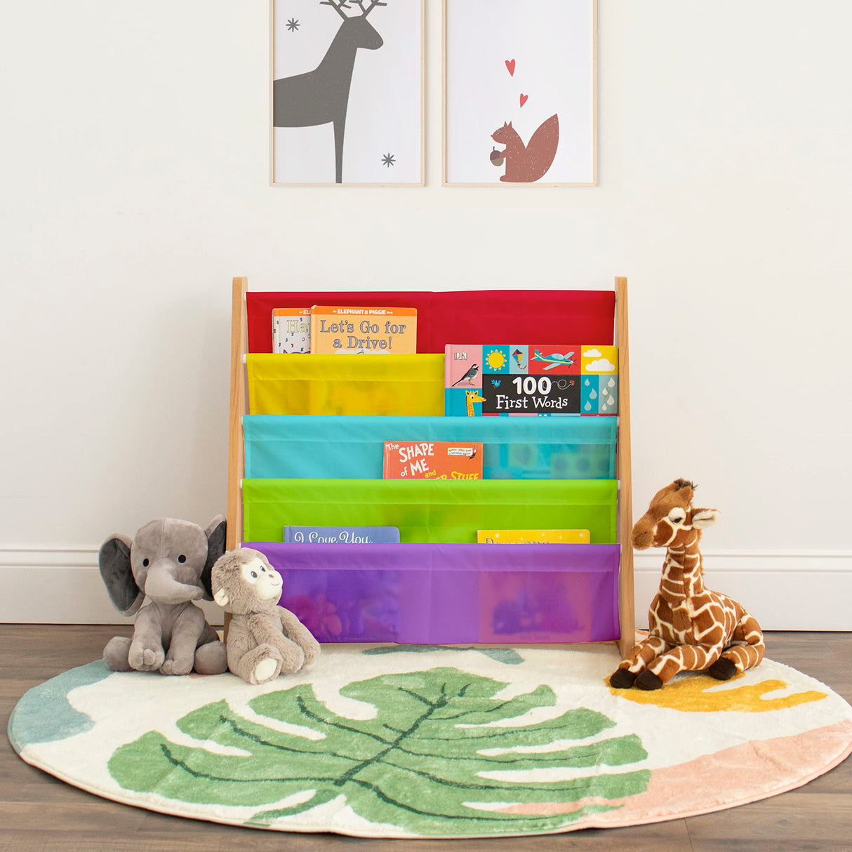 4-Tier Kids Bookshelf, Natural Wood/Rainbow - Premium Book Shelf for Kids Rooms