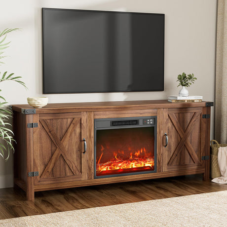 Fireplace TV Stand with Two Barn Doors and Storage Cabinets for Televisions up to 65+ Inch,