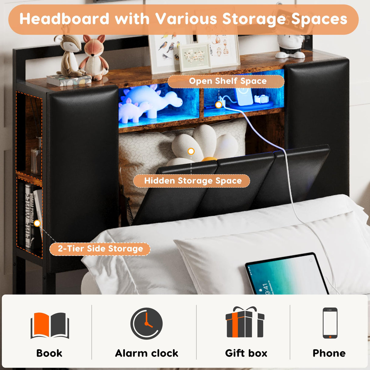 Twin Bed Frame with Storage Headboard & Charging Station, Upholstered Platform Bed