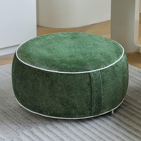 Stuffed Pouf Ottoman, 21x10 Inches Chenille Ottoman with Inflatable PVC Liner