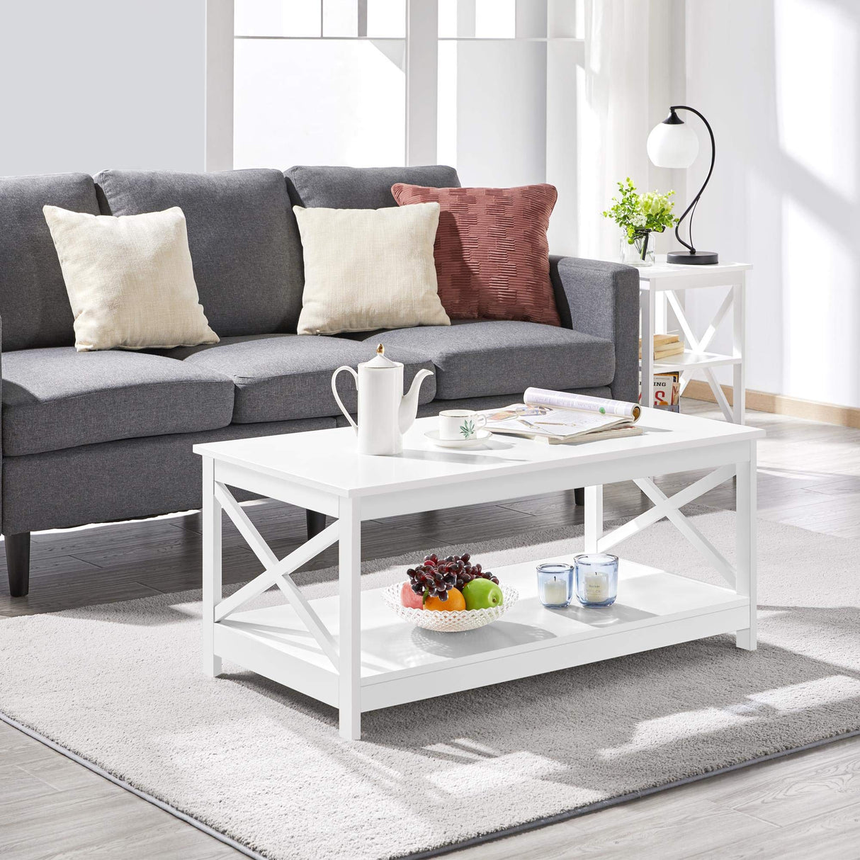 Simple X-Design Cocktail Coffee Table with Storage Shelf, Farmhouse 2-Tier Center Table