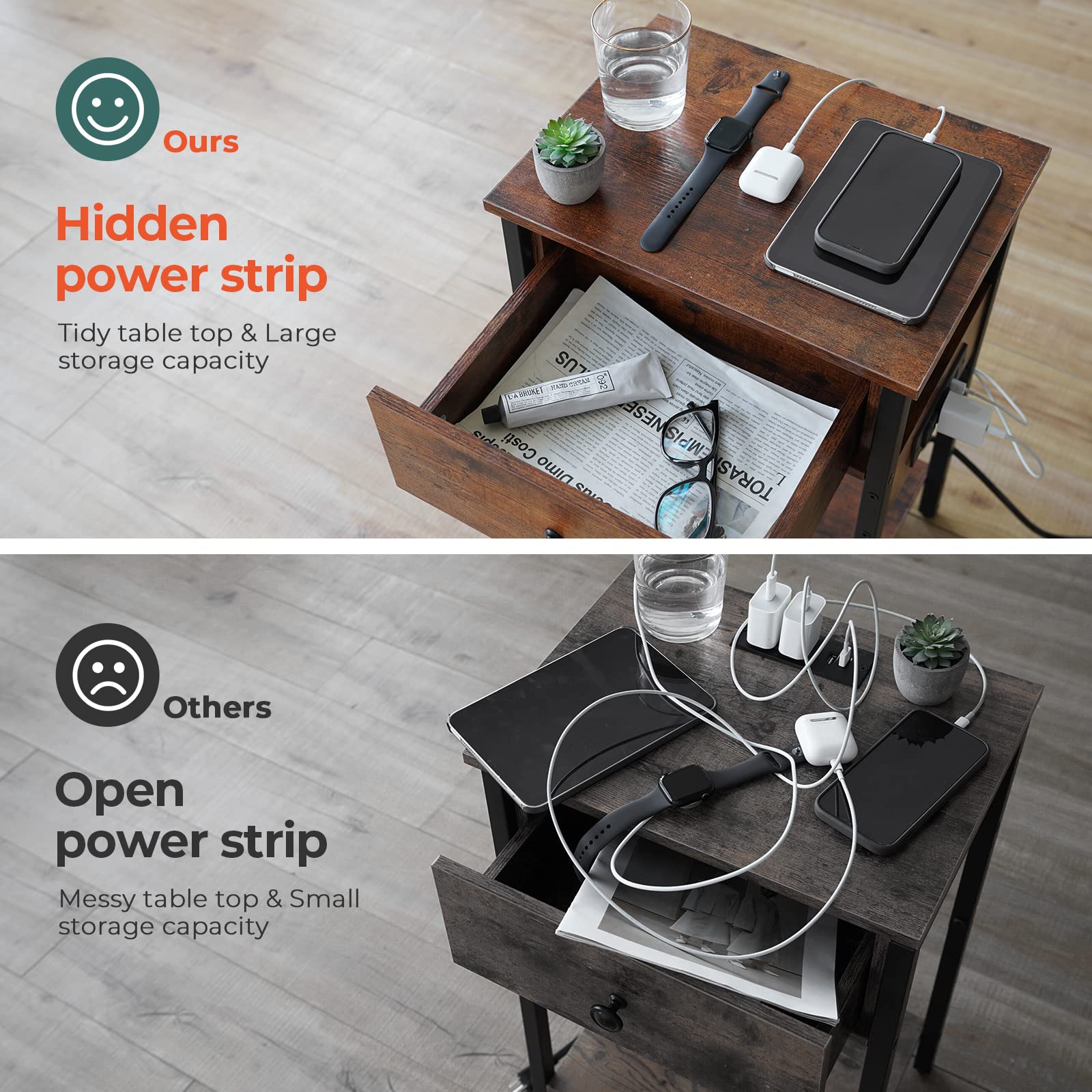 Nightstand with Charging Station, Side Table End Table with Large Drawer