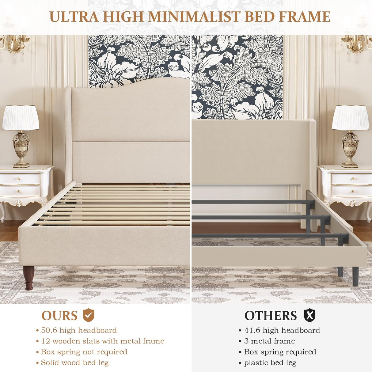 Queen Size Bed Frame Upholstered Platform Bed with 51" Tall Headboard Wingback,