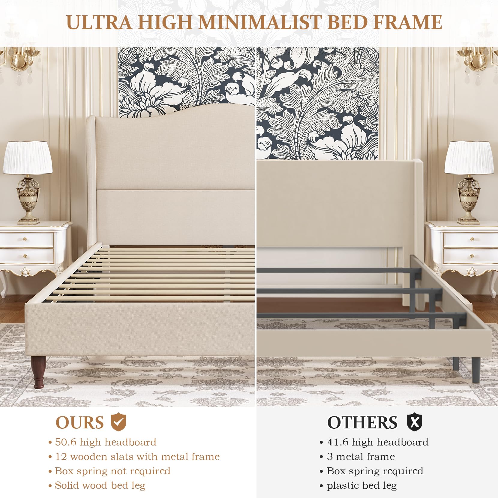 Queen Size Bed Frame Upholstered Platform Bed with 51" Tall Headboard Wingback,