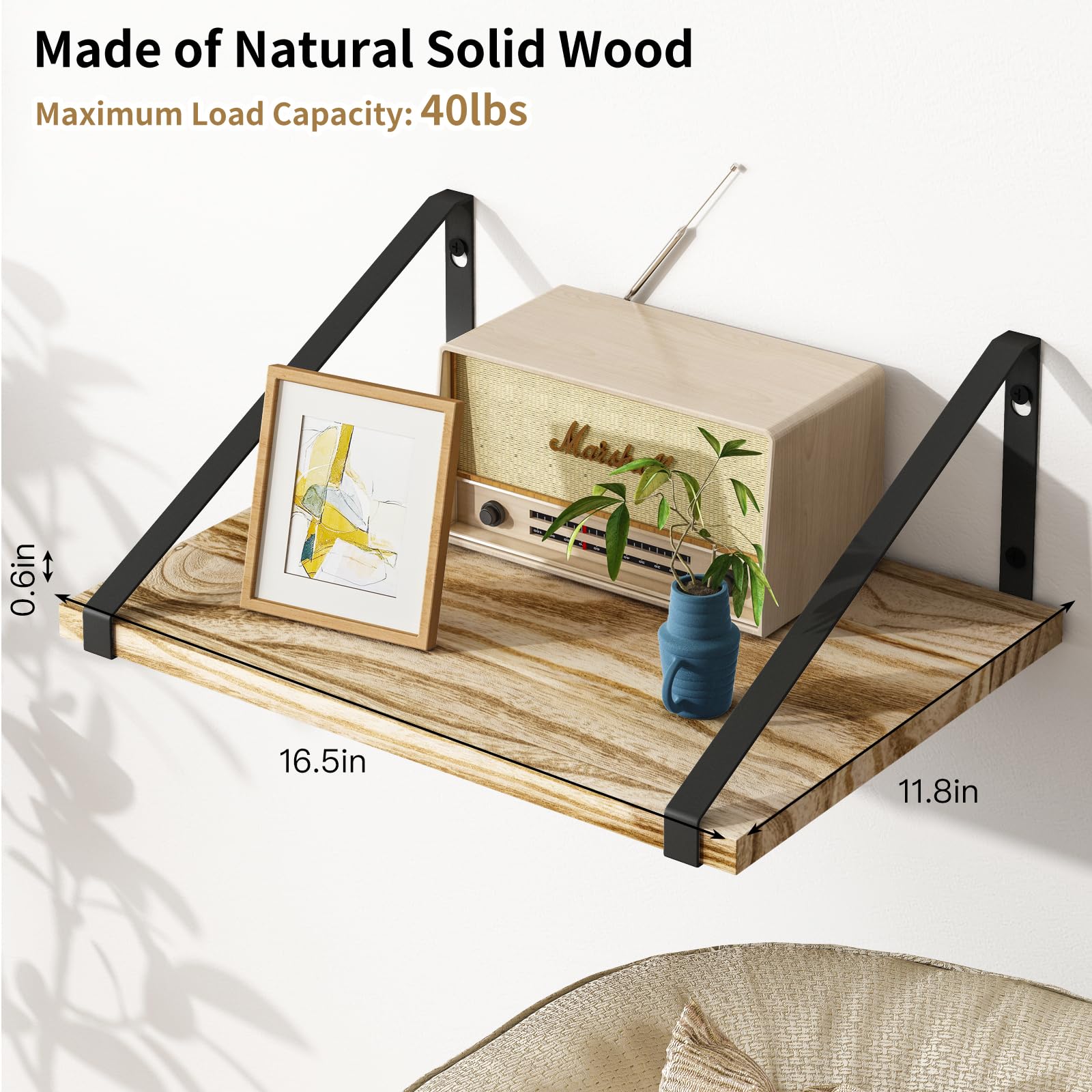 12 Inch Deep Floating Shelves, Rustic Wood Large Wall Mounted Shelves for Decor