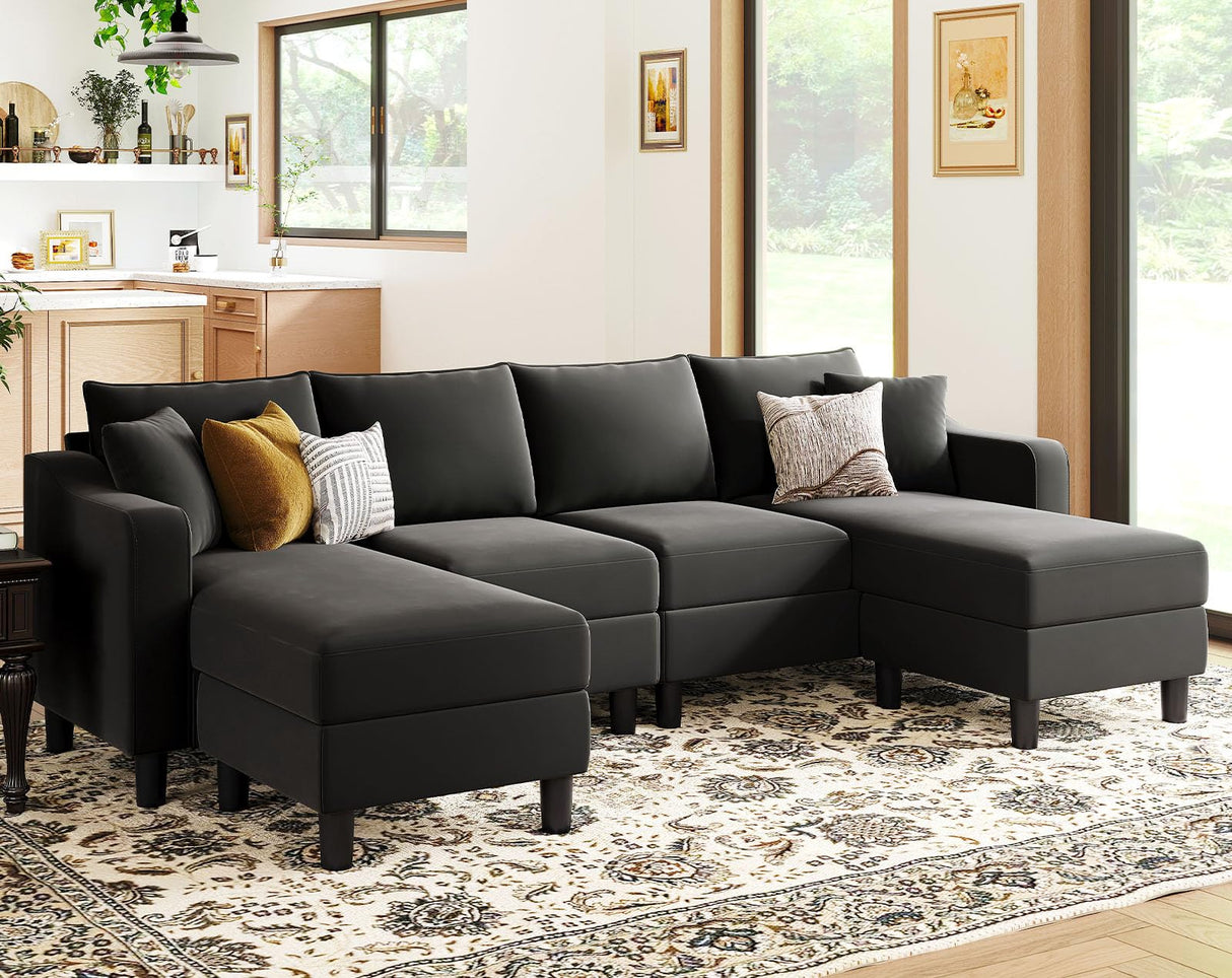 U Shaped Sectional Sofa Velvet Convertible Sofa with Reversible Chaises