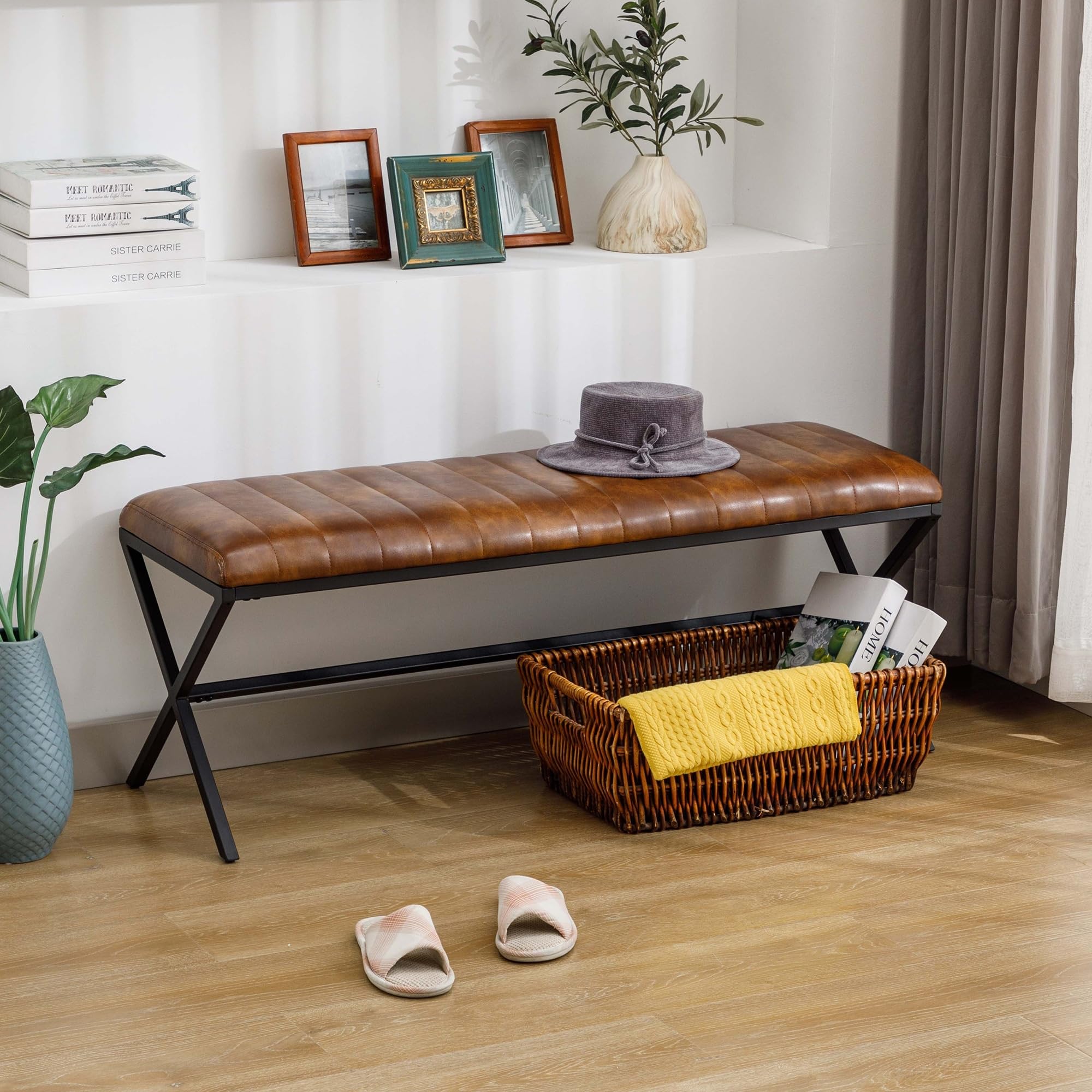 Leather Upholstered Dining Bench with Metal X Legs Yellowish Brown